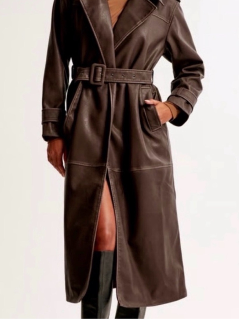 Abercrombie & Fitch Vegan Leather Trench Coat in Dark Brown